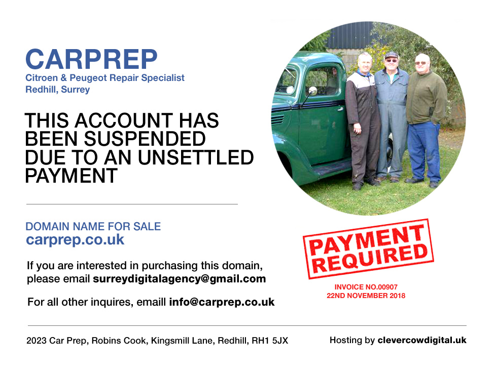 CarPrep, John Drew - Unsettled payment - Domain name for sale. Email us :info@carprep.co.uk